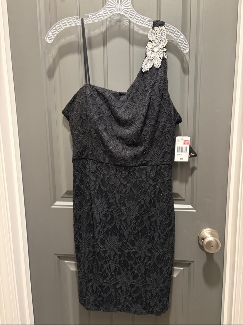 City Triangles Black One-Shoulder Lace Dress with Embellished Shoulder